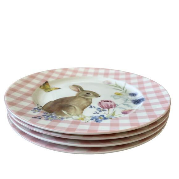 Grace Teaware Bunny Floral Pink Gingham 8in Side Salad Plates Set of 4 NEW - Picture 4 of 12